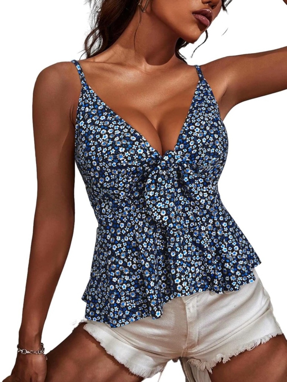 Blue Floral Tie-Front Peplum Camisole